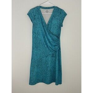 Athleta Teal Paisley Nectar Faux Wrap Ruched Side Dress Size Small